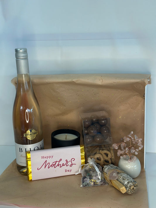 mothers day gift, with french rose, candle, chocolate bar, crystals, sage, crystal tree, and assorted chocolates